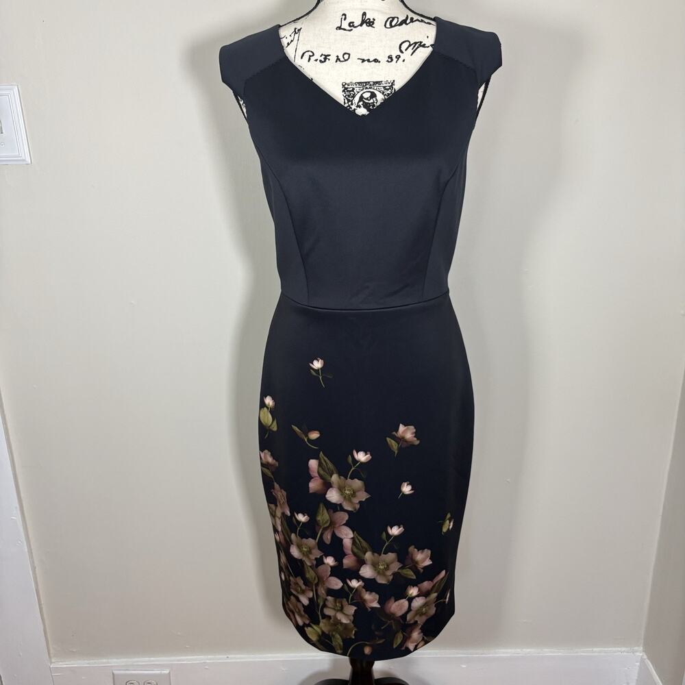 Ted Baker Black Midi Dress with Pink and Green Floral Hem